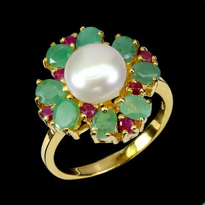 925 Sterling Silver Ring Pear Emerald 4x3mm Ruby Pearl Gemstone Jewelry Size 7