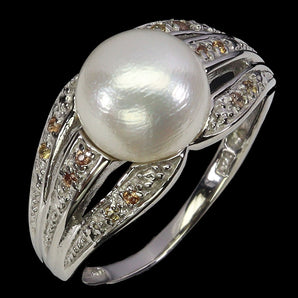 925 Sterling Silver Ring Sapphire Round Diamond Cut Pearl Gemstone Jewelry Sz 8