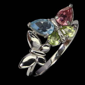 925 Sterling Silver Ring Pear Topaz Peridot Tourmaline Butterfly Gemstone Size 7
