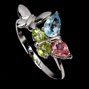 925 Sterling Silver Ring Pear Topaz Peridot Tourmaline Butterfly Gemstone Size 7