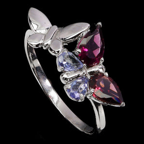 925 Sterling Silver Ring Pear Rhodolite Tanzanite Butterfly Gemstone Jewelry 7