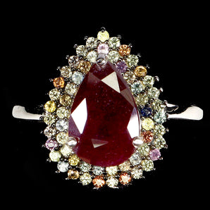 925 Sterling Silver Ring Pear Ruby 12x8mm Sapphire Diamond Cut Gemstone Size 8