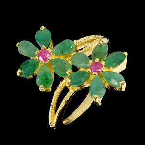 925 Sterling Silver Ring Pear Emerald 5x3mm Ruby Flower Gemstone Jewelry 7.5