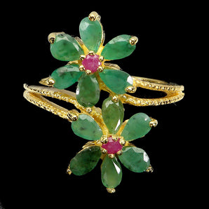 925 Sterling Silver Ring Pear Emerald 5x3mm Ruby Flower Gemstone Jewelry 7.5