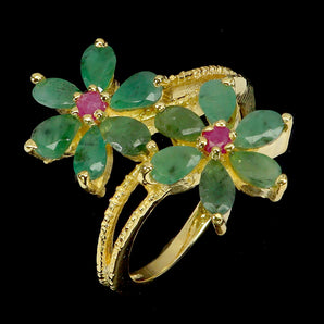 925 Sterling Silver Ring Pear Emerald 5x3mm Ruby Flower Gemstone Jewelry 7.5
