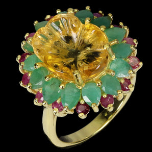925 Sterling Silver Ring Flower Citrine 13x10mm Emerald Ruby Gemstone Jewelry 7