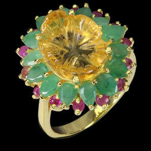 925 Sterling Silver Ring Flower Citrine 14x10mm Emerald Ruby Gemstone Jewelry 9