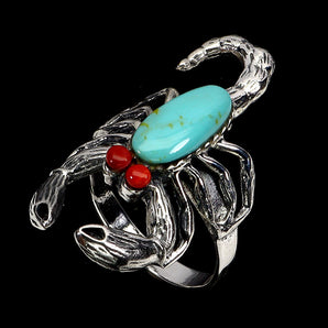 925 Sterling Silver Ring Oval Turquoise 12x6mm Coral Scorpion Gemstone Jewelry 8