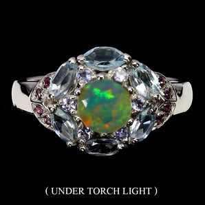 925 Sterling Silver Ring Round Fire Opal 6mm Sky Blue Topaz Gemstone Jewelry 9