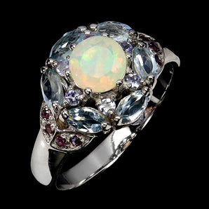 925 Sterling Silver Ring Round Fire Opal 6mm Sky Blue Topaz Gemstone Jewelry 9