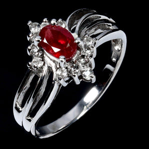 925 Sterling Silver Ring Oval Ruby 6x4mm White Topaz Gemstone Jewelry Size 8