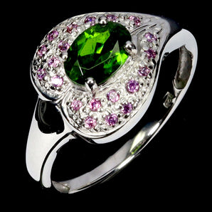 925 Sterling Silver Ring Oval Chrome Diopside 7x5mm Rhodolite Gemstone Jewelry 8