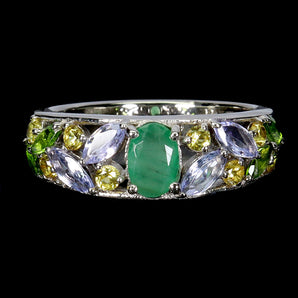 925 Sterling Silver Ring Oval Emerald Chrome Diopside Tanzanite Gemstone Size 7