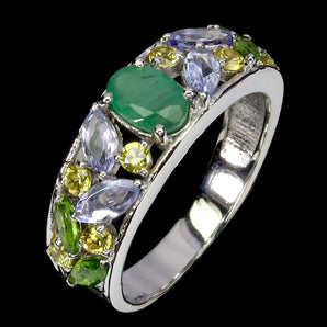 925 Sterling Silver Ring Oval Emerald Chrome Diopside Tanzanite Gemstone Size 7