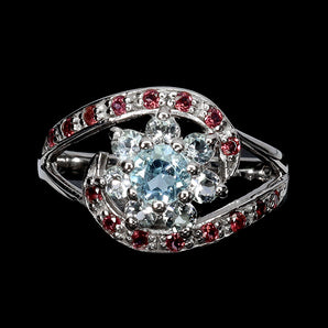 925 Sterling Silver Ring Round Sky Blue Topaz 5mm Rhodolite Gemstone Jewelry 7