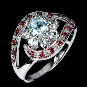 925 Sterling Silver Ring Round Sky Blue Topaz 5mm Rhodolite Gemstone Jewelry 7