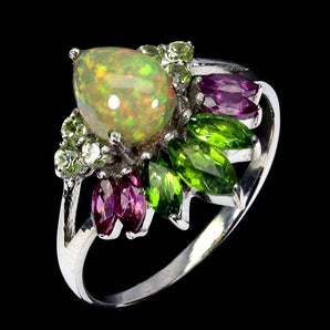 925 Sterling Silver Ring Oval Fire Opal 8x6mm Peridot Gemstone Jewelry Size 8
