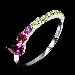 925 Sterling Silver Ring Pear Rhodolite Garnet 6x4mm Peridot Gemstone Size 7.5