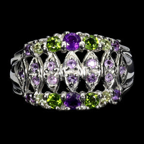 925 Sterling Silver Ring Round Amethyst Chrome Diopside Gemstone Jewelry Size 9