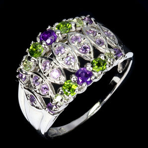 925 Sterling Silver Ring Round Amethyst Chrome Diopside Gemstone Jewelry Size 9