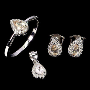925 Sterling Silver Sets Pendant Eaarings Ring Pear Morganite 5x3mm Gemstone Size 7