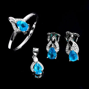925 Sterling Silver Pendant Eaarings Ring Sets Pear Apatite 6x4mm Gemstone 7.5