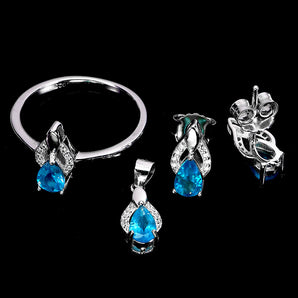 925 Sterling Silver Pendant Eaarings Ring Sets Pear Apatite 6x4mm Gemstone 7.5