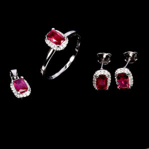 925 Sterling Silver Sets Pendant Earrings Ring Antique Ruby 6x4mm Gemstone Sz 8
