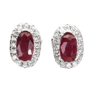 Oval Red Ruby 5x3mm Cz 14K White Gold Plate 925 Sterling Silver Earrings