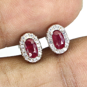 Oval Red Ruby 5x3mm Cz 14K White Gold Plate 925 Sterling Silver Earrings