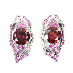 Unheated Round Pink Rhodolite Garnet 7mm Cz 925 Sterling Silver Earrings