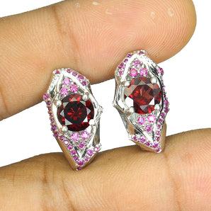 Unheated Round Pink Rhodolite Garnet 7mm Cz 925 Sterling Silver Earrings