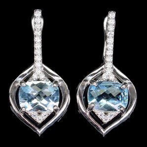 Antique Sky Blue Topaz 8x6mm Cz White Gold Plate 925 Sterling Silver Earrings