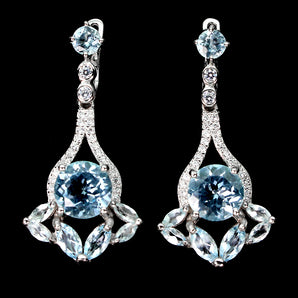 Round Sky Blue Topaz 8mm Cz 14K White Gold Plate 925 Sterling Silver Earrings