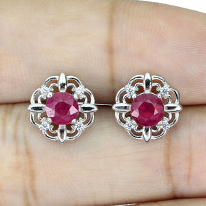 Heated Round Ruby 5mm Simulated Cz White Gold Plate 925 Sterling Silver Earrings