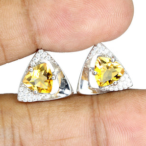 Unheated Trilliant Yellow Citrine 7mm Simulated Cz 925 Sterling Silver Earrings