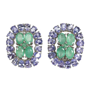 Unheated Oval Green Emerald 6x4mm Tanzanite 925 Sterling Silver Earrings