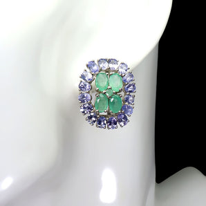 Unheated Oval Green Emerald 6x4mm Tanzanite 925 Sterling Silver Earrings