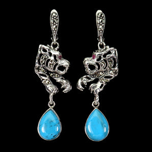 Stabilized Pear Turquoise 14x10mm Marcasite 925 Sterling Silver Tiger Earrings