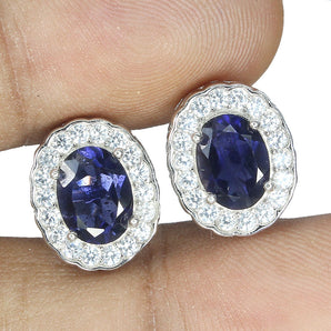 Unheated Oval Blue Iolite 8x6mm Simulated Cz 925 Sterling Silver Earrings