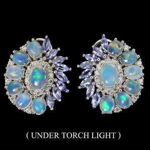 Unheated Oval Fire Opal 7x5mm Simulated Cz 925 Sterling Silver Earrings