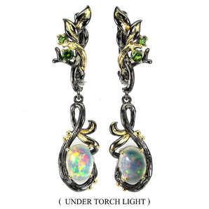 Unheated Oval Fire Opal 8x6mm Chrome Diopside 925 Sterling Silver Earrings