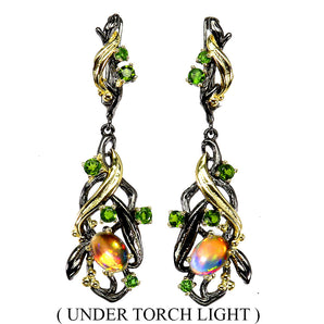 Unheated Oval Fire Opal 7x5mm Chrome Diopside 925 Sterling Silver Earrings