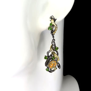 Unheated Oval Fire Opal 7x5mm Chrome Diopside 925 Sterling Silver Earrings