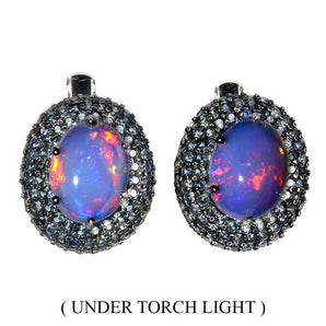 Unheated Oval Fire Opal 9x7mm Sapphire Diamond Cut 925 Sterling Silver Earrings