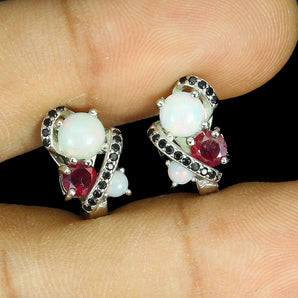 Unheated Round Fire Opal 5mm Black Spinel Ruby 925 Sterling Silver Earrings