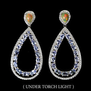 Unheated Fire Opal 7x5mm Simulated Cz Tanzanite 925 Sterling Silver Earrings