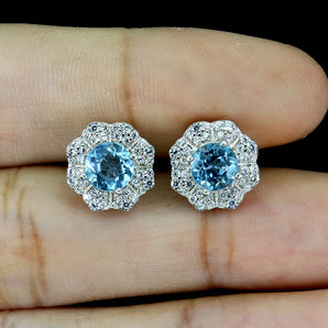 Irradiated Round Sky Blue Topaz 6mm Simulated Cz 925 Sterling Silver Earrings