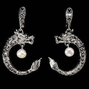 Round Creamy White Pearl 6mm Marcasite 925 Sterling Silver Dragon Earrings