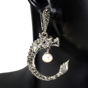 Round Creamy White Pearl 6mm Marcasite 925 Sterling Silver Dragon Earrings